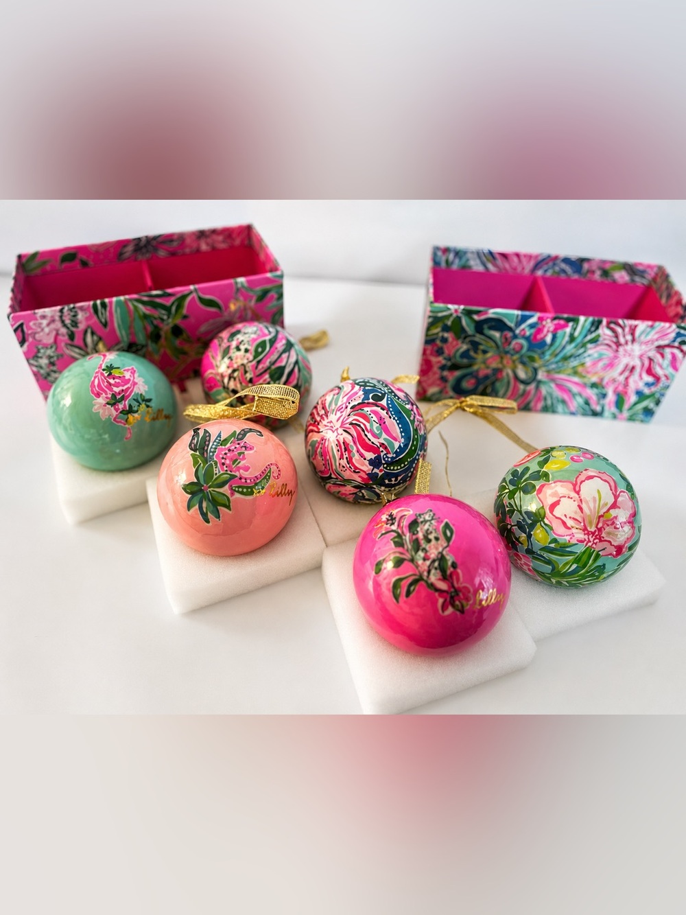 6 Lilly Pulitzer Christmas Ornaments - 3 Sets Pink Green Preppy Palm Beach Balls